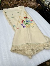 Vintage Italian Linen Tablecloth Embroidered With Flowers Fringed 104”x66” picture