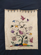 Vintage Crewelwork Embroidery Panel Jacobean Tree of Life Linen Wall Hanging  picture
