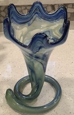 Free Form Blown Glass Vase with Coil Base, Blue with A Touch Of Moss Green & Wht picture
