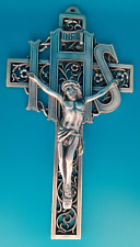 Vintage Ornate Heavy Silver Tone Metal Catholic Wall Crucifix “IHS”; 9.25”x5.25” picture
