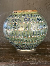 VINTAGE KEN EDWARDS TONALA EL PALOMAR MEXICO NAVY GREEN VASE 6” X 6” picture