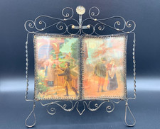 Vintage Wrought Iron Double Photo Frame Ornate Diptych Easel W/ Romantic Prints picture