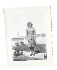 VTG B&W Found Photo Snapshot Fashionable Woman Skirt Suit Outdoors Fence 1940's picture