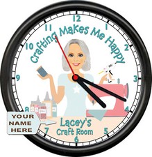 Personalized Crafting Makes Me Happy Sewing Quilting Room Mature Sign Wall Clock picture