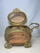 Vintage Carriage Jewelry Casket Ormolu Filigree, Gold Tone, Pink Beveled Glass picture