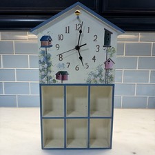 Vintage Wooden Birdhouse Wall Clock 6 Cubby Shelf Hand Painted Cottagecore Decor picture