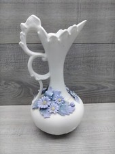 Blue Ewer Flowers Bud Vase Vintage Raised White Ceramic Applied Decoration picture