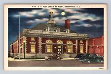 Greenwood SC-South Carolina, U.S Post Office at Night, Antique Vintage Postcard picture