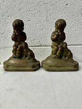 Antique Pair JL Drucklieb Bookends Crying Baby Child With Dog Metal Bookends picture