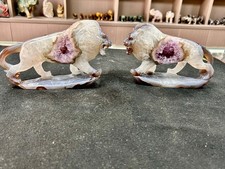 2.2LB  Natural Agate Amethyst Geode Pair Lion Carving Crystal Sculpture Home Orn picture