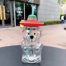 New Starbucks 2020 China Latin America Hat Bear 17oz Glass Cold Cup Tumbler picture