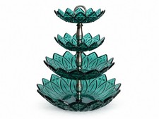 Vintage Federal Glass Petal Teal Blue 4 Tier Tidbit Server Stand MCM Centerpiece picture