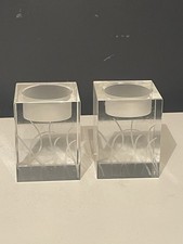 Pair Clear Block Candle Holders Etched Grass Reeds Modern Geometric Votive picture