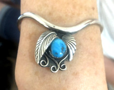 Vintage Navajo Native American Sterling & Turquoise Leaf Cuff Bracelet 14 Grams picture