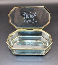 Vintage Etched Glass Trinket Jewelry Box w/ Roses Octagon Shaped picture