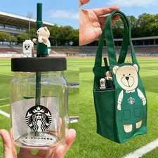 Starbucks China Mason Straw Cup 600ml Bear Glass Cup With Green Canvas Carry Bag picture