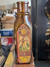 Early Amber Label Arrow Brand Indian Wilson Pickle Bottle Advertising Chicago  picture