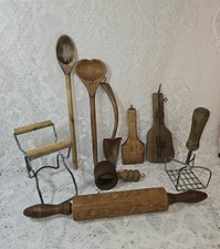 Early American Vintage Primitive Houseware Collection / Wood / Metal / Lot 9pc picture