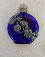 Vintage Cobalt Blue Glass First Impressions Perfume Bottle with pewter overlay picture