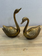 Vintage Brass Swan Set Pair MCM Hollywood Regency Etched Feather picture