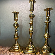 Gold Polished Metal Taper Candle Holders Set of 3 Octagon Base picture