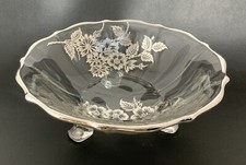 Silver Overlay Footed Round Glass Bowl Floral Pattern Silver Rim Vintage 6” picture