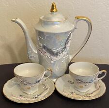 Vintage Hand Painted Moriage White Luster Dragonware Tea Pot, 2 Cups, 2 Saucers picture