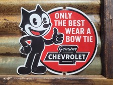 VINTAGE FELIX CHEVROLET PORCELAIN SIGN OLD CHEVY DEALER BOWTIE DIECUT CAR TRUCK picture