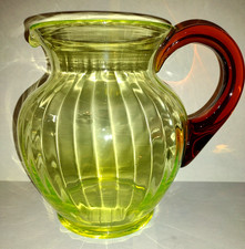 Utility Glass Works Vaseline Uranium Pitcher Brown Handle Antique Rare Glows picture