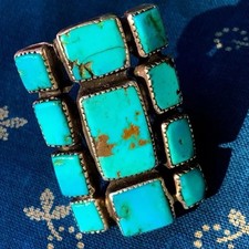 1930s Pawn ZUNI Native Long Cluster Vibrant Turquoise Silver Ingot Ring Cute picture