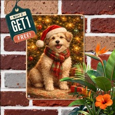 Festive Goldendoodle Christmas Dog Holiday Plaque Retro Metal Tin Sign 8x12 picture