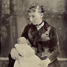 Antique Tintype Photograph Post Mortem Baby & Beautiful Young Somber Mother picture