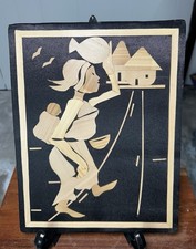 Vintage MCM Straw Art Wall Hanging Woman Child Village Mid Century Folk Art picture