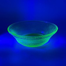 Vintage Green Uranium Glass Bowl Etched Floral Butterfly Florentine Glows UV 8.5 picture