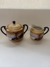 Vintage Nippon Chikaramachi Japan Hand Painted Scenic Sugar Bowl Creamer Set picture