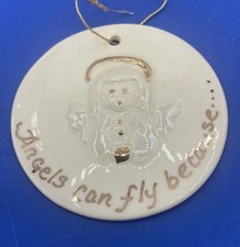 Vtg Clay Angel Christmas Ornament Angels Can Fly Bc They Take Themselves Lightly picture
