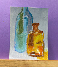 ACEO Original OOAK oil pastel Colored Glass Abstract Still Life Bottles Painting picture