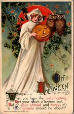Halloween Postcard Girl Owls Pumpkin Artist S Schmucker Published By J Winsch picture