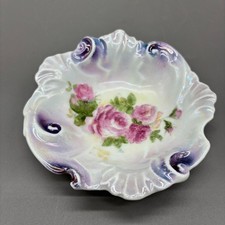 Antique Johann Seltmann JSV Germany Porcelain Trinket Dish Roses Purple Lustre picture