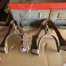 Vintage 1950s Crockett-Renalde Marked Western Cowboy Spurs with Leather Straps picture