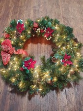 Vtg Large Pre-Lit Christmas Wreath Poinsettia Pine Cone Bow Lights picture