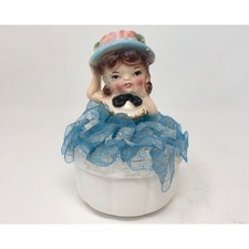 Vintage Lidded Trinket Box, Girl with Lace Skirt, Ceramic Girl Figurine picture