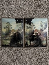Vintage Convex Glass Silhouette Set 2 Reverse Painted Victorian Courting Couple  picture