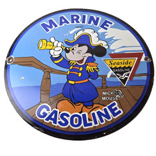Vintage Marine Gasoline Sign - Mickey Mouse Porcelain Seaside Gas Oil Pump Sign picture