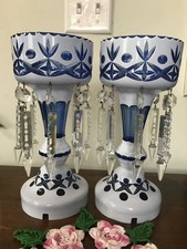 CZECH BOHEMIAN WHITE CUT TO BLUE GLASS MANTLE LUSTRES PAIR  picture