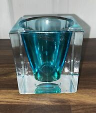 Vetreria Lux Italy Heavy Glass Votive Candle Holder Blue w/ Green hues 3.5 in picture