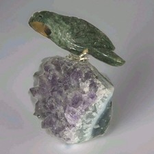 Carved Stone Parrot Sculpture Amethyst Crystal Cluster Base Geode Bird Jungle  picture
