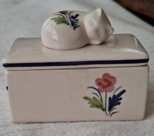 Vintage Alcobaca Ceramic Cat Floral Trinket Box Portugal picture