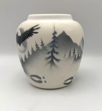 S.Western Navajo Vase white/blue Eagle, Bear,  Elk, Air-Brushed, by M. Redhorse picture
