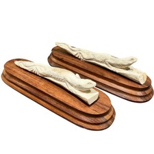 Pair Signed Hand Carved Bone Monitor Lizard Sculptures Walnut Bases Wildlife Art picture